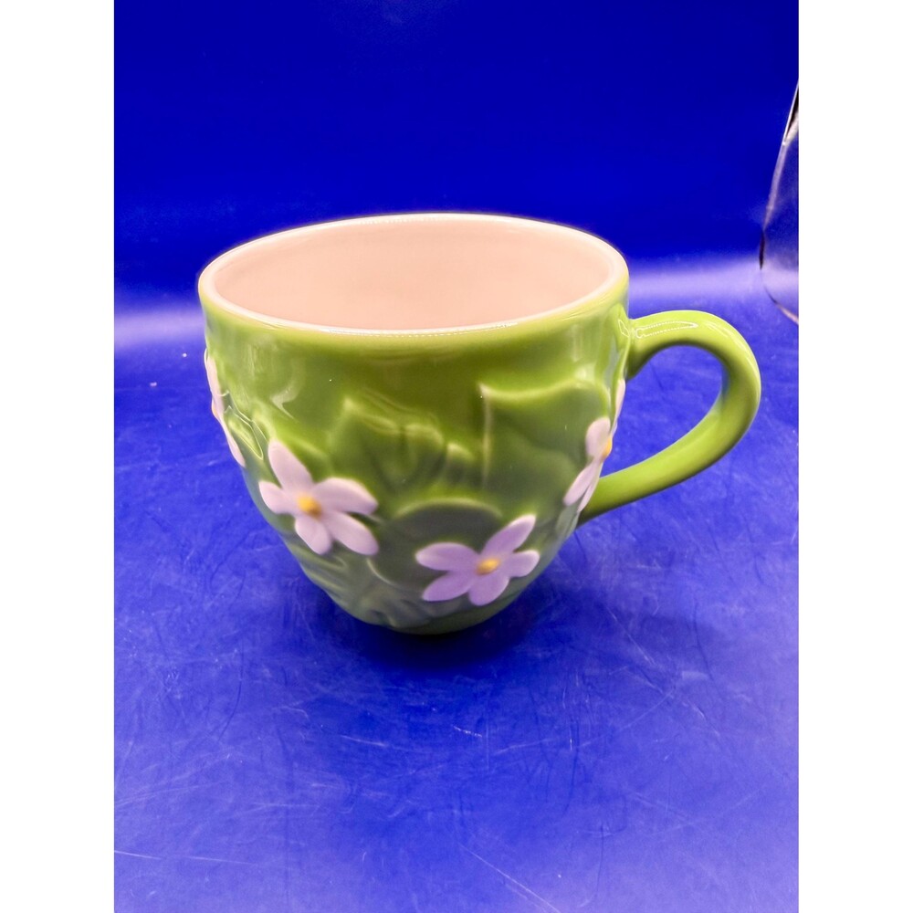 Vintage 2006 Starbucks Mug Lime Green with White Daisies Embossed Floral Mug